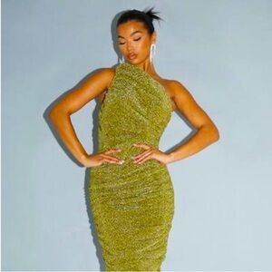 Gold Glitter Plisse Ruched One Shoulder Midi Dress size 16